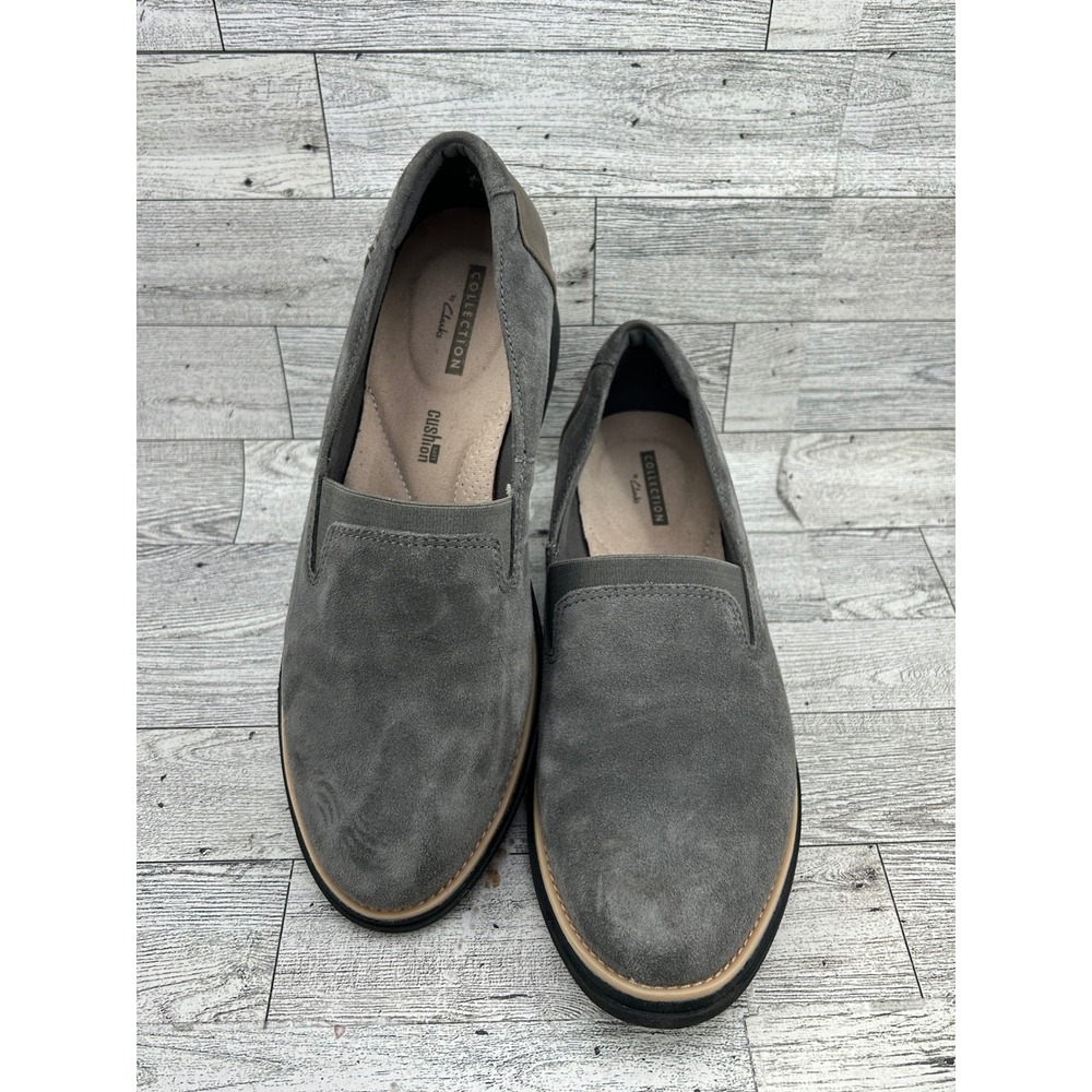 Clarks Collection Cushion Soft‎ Grey Suede Slip On Wedge Loafers Women Sz 6.5M